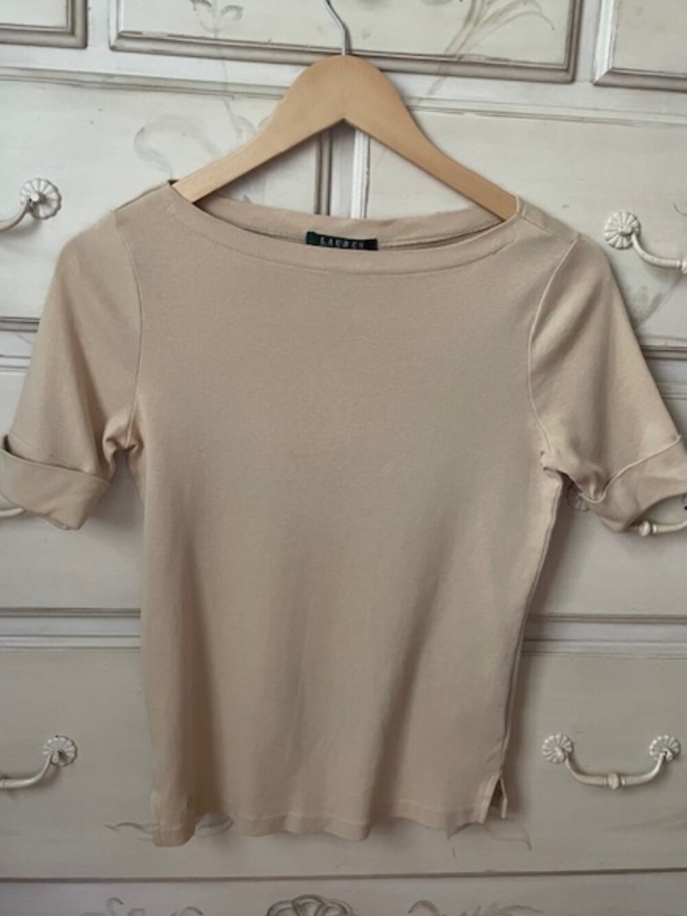 Ralph Lauren Khaki Neutral Cuff Short Sleeved Knit Shirt- size petite small